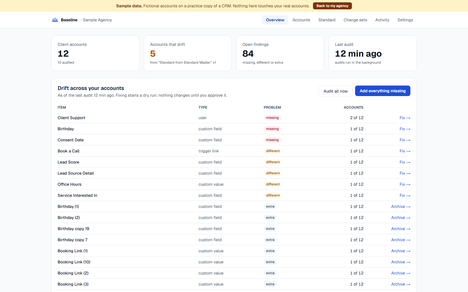 Baseline inside the CRM: drift across every client account, with a change set ready to preview